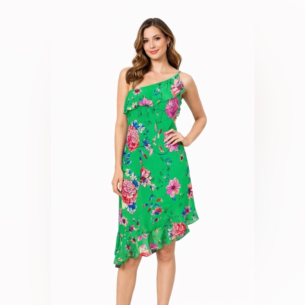 Roz & Ali Green One Shoulder Dress Sz 14 Asymmetrical Floral Spring Wedding